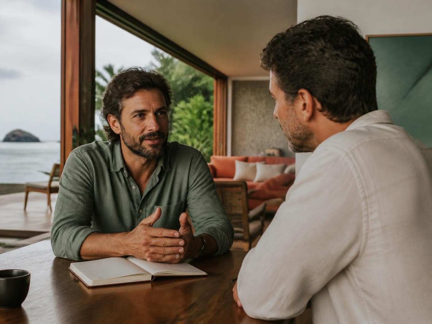 Fundador do FreeSpirit conversando à mesa com um parceiro